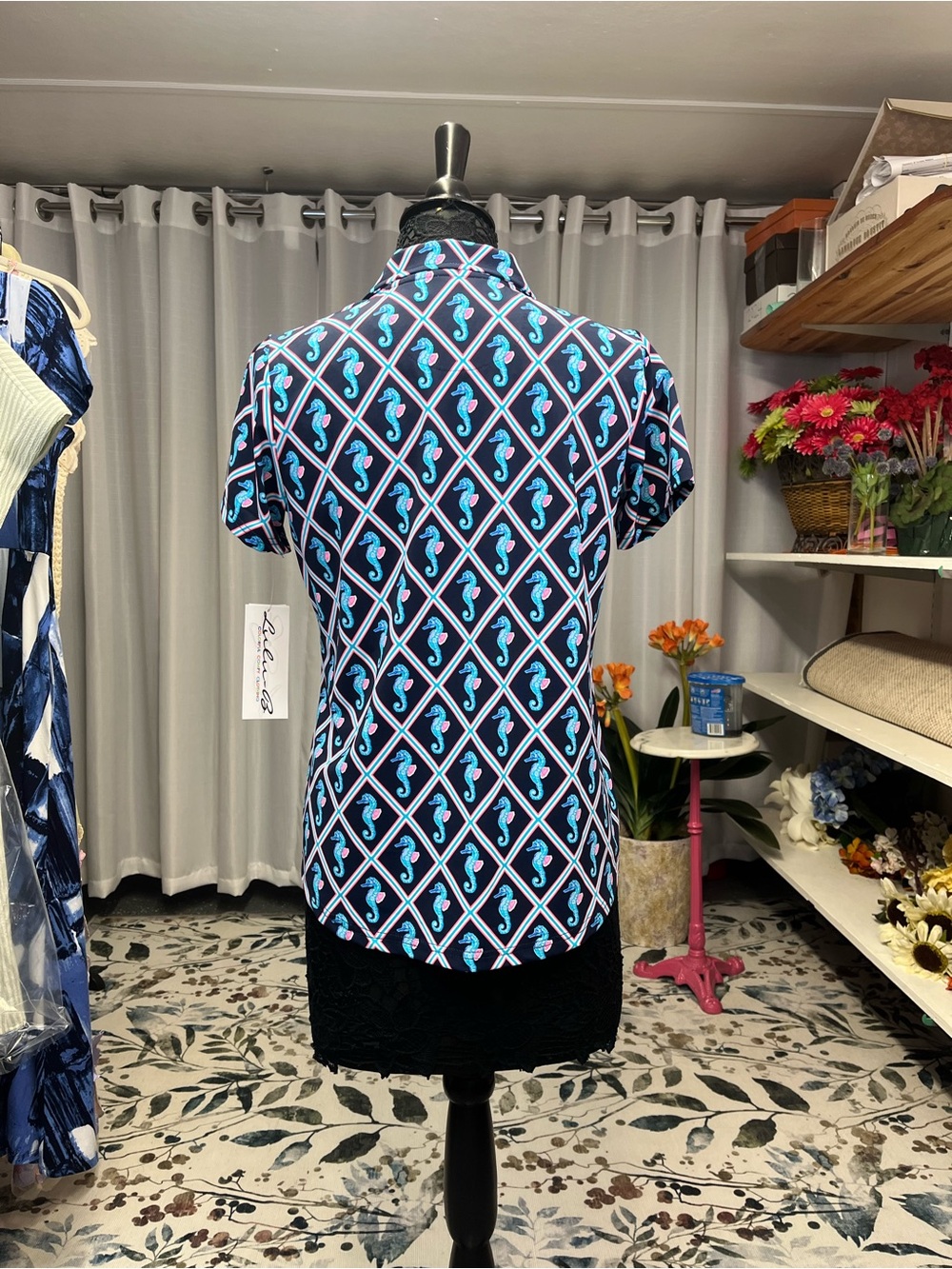 Lulu-B Navy Top with Light Blue Seahorse Print - Picture 2 of 3